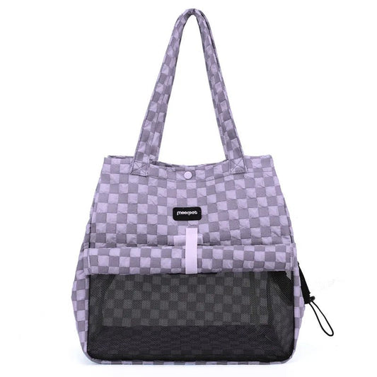 Sac de transport chien chat gris à motifs carrés avec filet pour aération et poignées longues