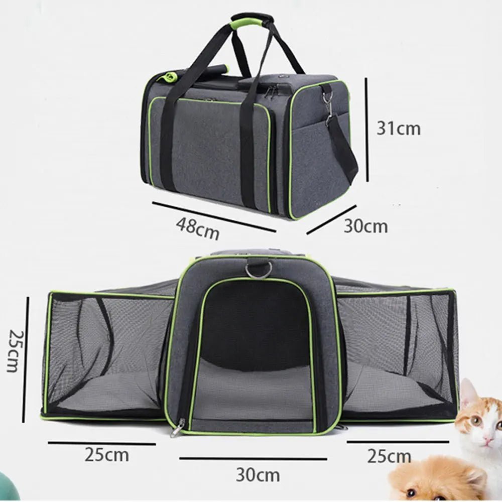 Sac de transport pliable pour chat et chien gris avec anses noires et compartiments en maille