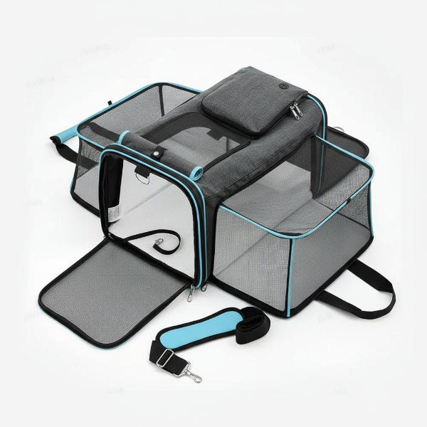 Sac de transport pliable pour chat et chien en tissu gris avec filet et poches de rangement