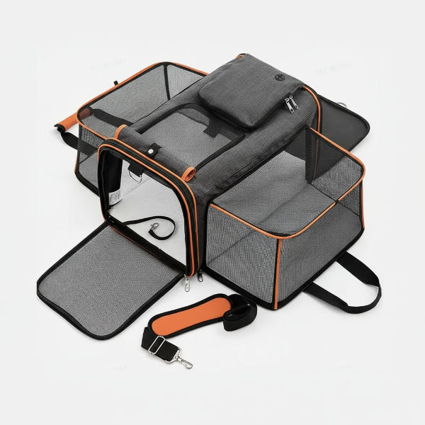 Sac de transport pliable pour chat et chien gris avec plusieurs ouvertures et poches de rangement