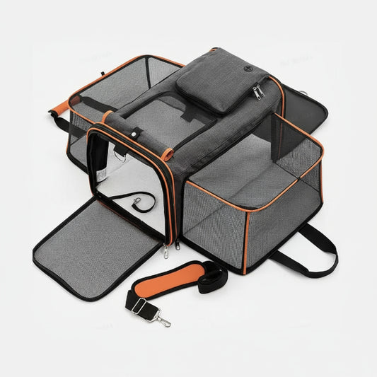 Sac de transport pliable pour chat et chien gris avec plusieurs ouvertures et poches de rangement
