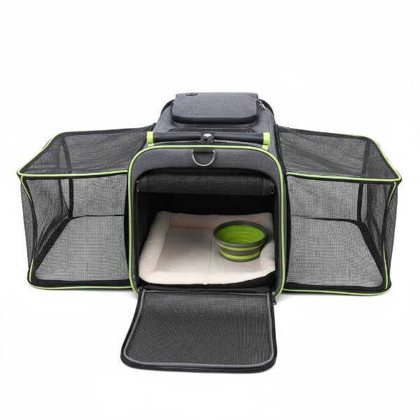 Sac de transport pliable pour chat et chien gris avec larges ouvertures en maille pour une aération optimale