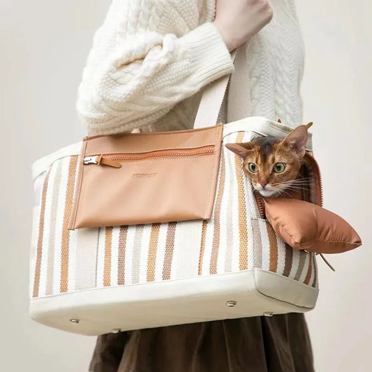Sac de transport pour chat et chien avec une poche et un design élégant en rayures