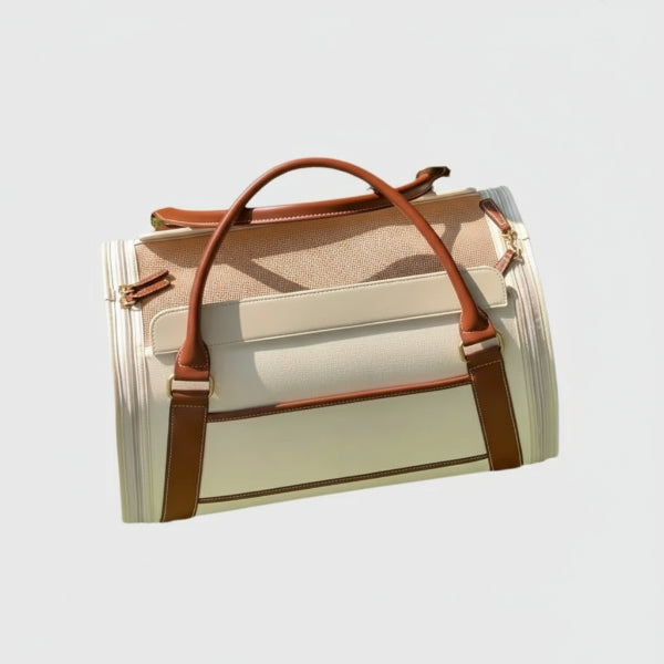 Sac de transport pour chat et petit chien en cuir beige avec poignées marron par Oscar et Plume