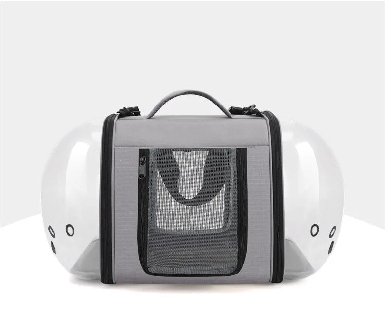 Oscar et Plume sac de transport pour chat gris avec bulles transparentes porte en filet et poignée