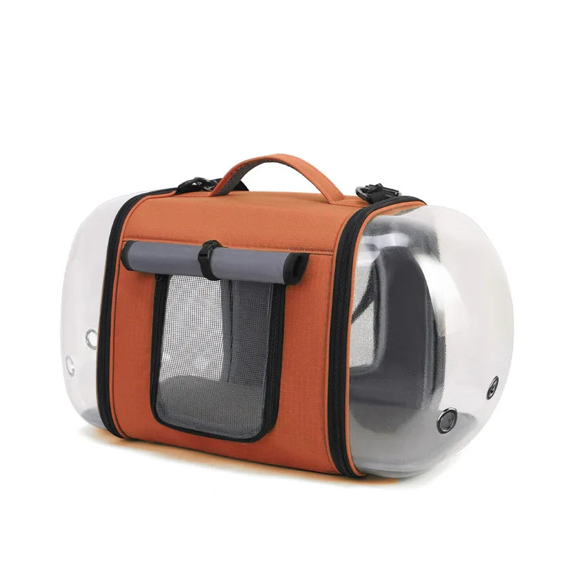 sac de transport pour chat orange Oscar et Plume avec bulles transparentes, fenêtre en maille et poignée