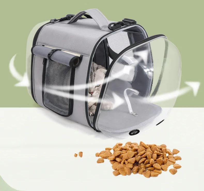 Oscar et Plume sac de transport pour chat gris avec bulle transparente ventilation multiple et intérieur confortable