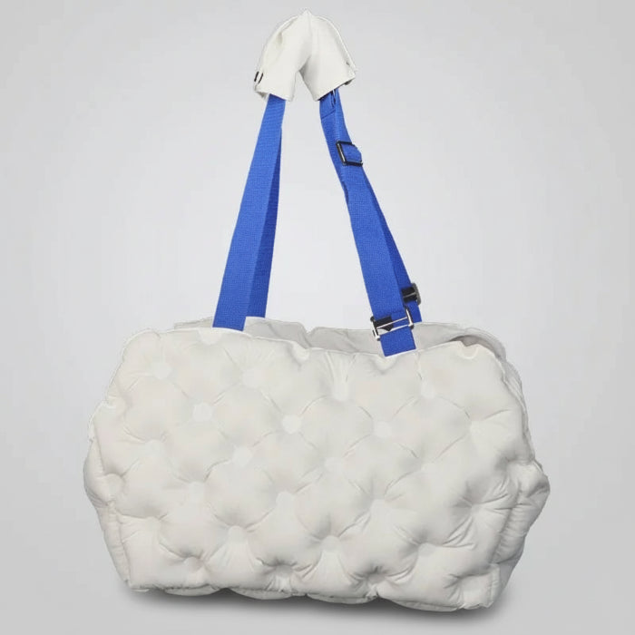 Sac de transport pour petit chien en blanc avec anses bleues, idéal pour les promenades.