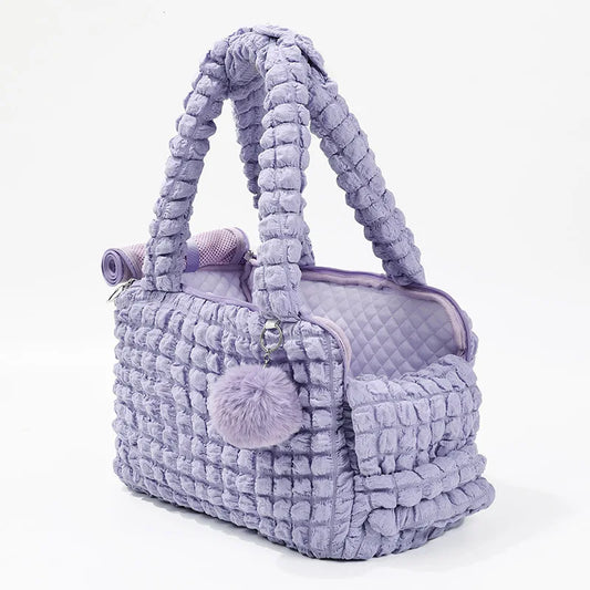Sac de transport pour petit chien et chat en velours violet avec anses et oreillettes moelleuses