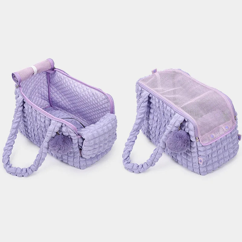 Sac de transport pour petit chien et chat en violet avec design tissé et poches pratiques