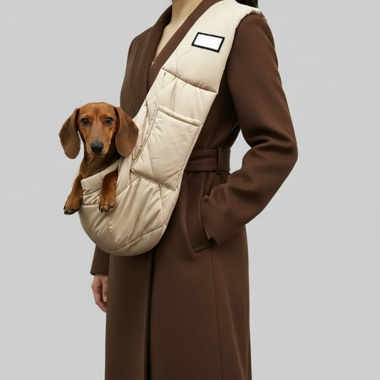 Sac de transport pour petit chien beige, porté par une personne avec un chien à l'intérieur