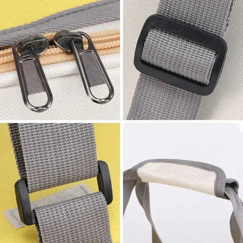 Détails des fermetures éclair et sangles ajustables du sac de voyage chien chat Oscar et Plume