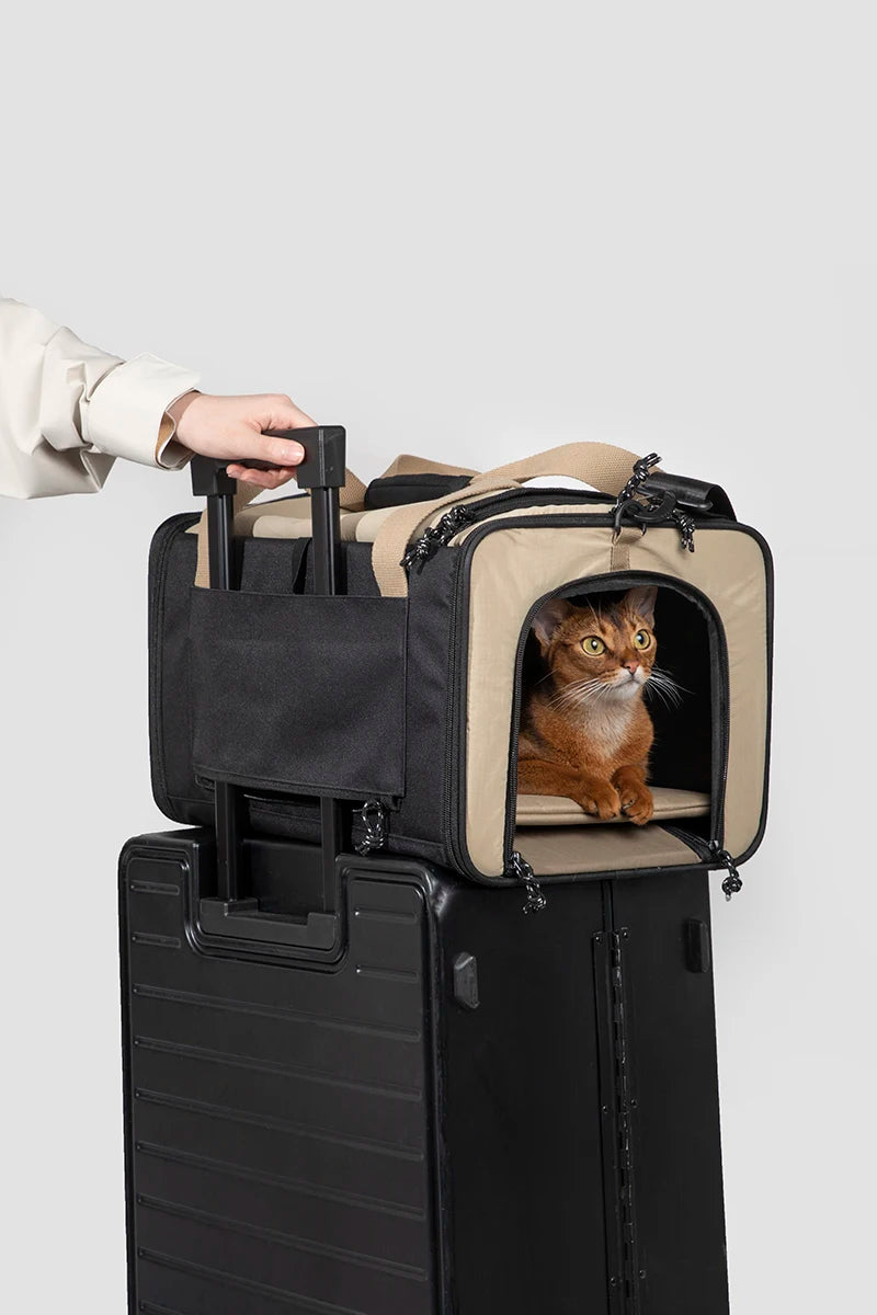 sac de voyage pour chien et chat Oscar et Plume beige et noir posé sur valise avec chat a l interieur