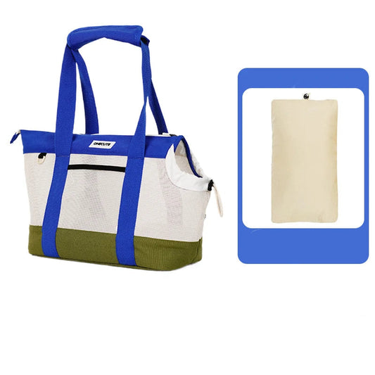 Sac de voyage pour chien et chat Oscar et Plume bleu, blanc et vert avec une housse de protection beige