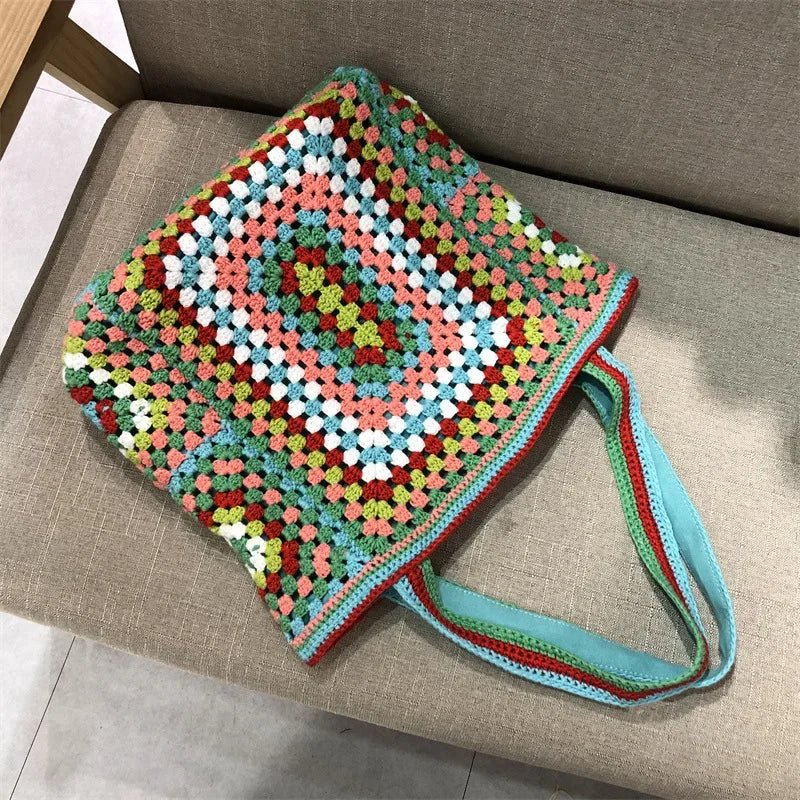 Sac fourre-tout tricoté main crochet Oscar et Plume Bleu/vert