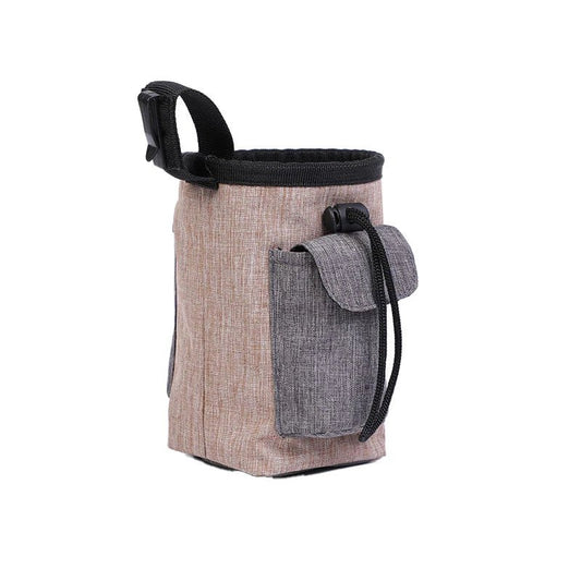 Sac friandise pour chien beige et gris avec poche extérieure et attache ceinture
