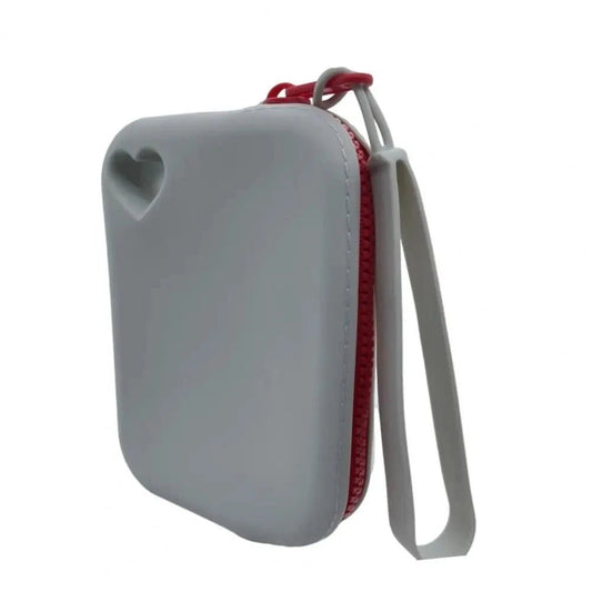 Sac friandise silicone chien gris avec fermeture éclair rouge et attache poignet pratique