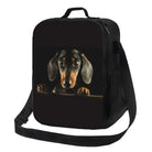Sac isotherme design chien noir avec illustration réaliste de chien de race teckel par Oscar et Plume