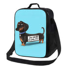 Sac isotherme design chien avec illustration de teckel noir sur fond bleu par Oscar et Plume