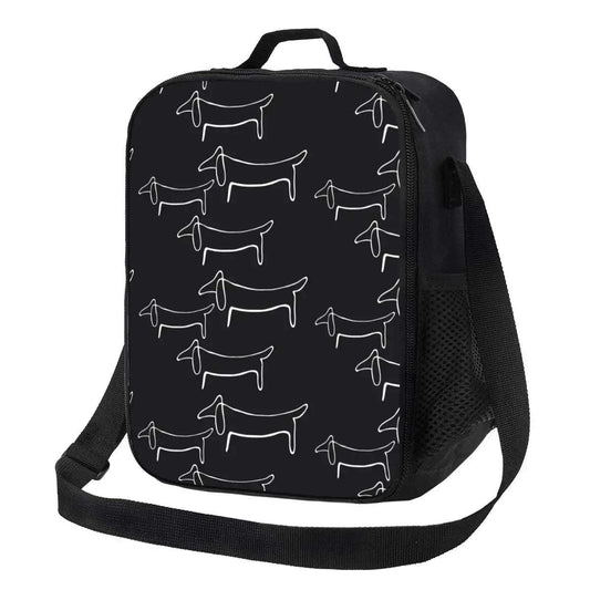 Sac isotherme design chien noir avec motifs chiens blancs et bandoulière ajustable