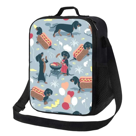 Sac isotherme design chien avec motifs de teckels et hot-dogs par Oscar et Plume