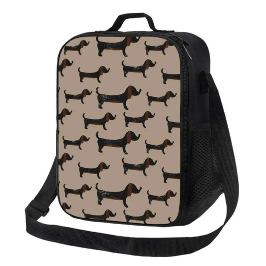 Sac isotherme design chien avec motifs de teckels noirs sur fond beige par Oscar et Plume