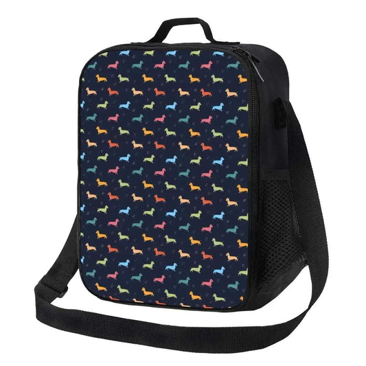 Sac isotherme design chien multicolore avec bandoulière et poignée pour garder les aliments au frais