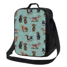 Sac isotherme design chien avec illustrations de teckels sur fond vert et sangle noire réglable