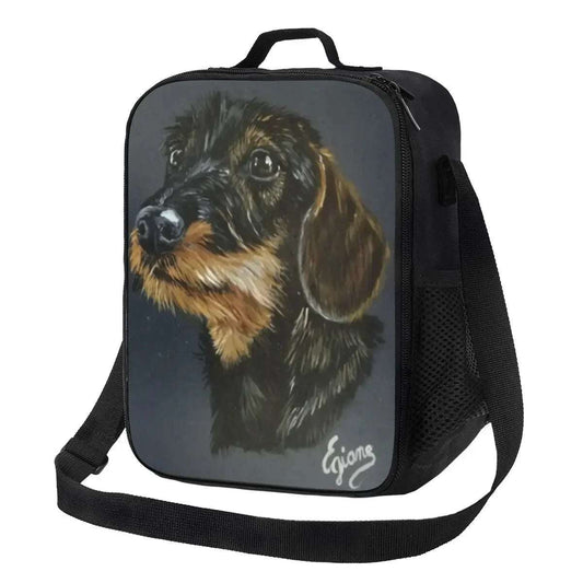 Sac isotherme design chien noir avec portrait réaliste de chien et bandoulière ajustable
