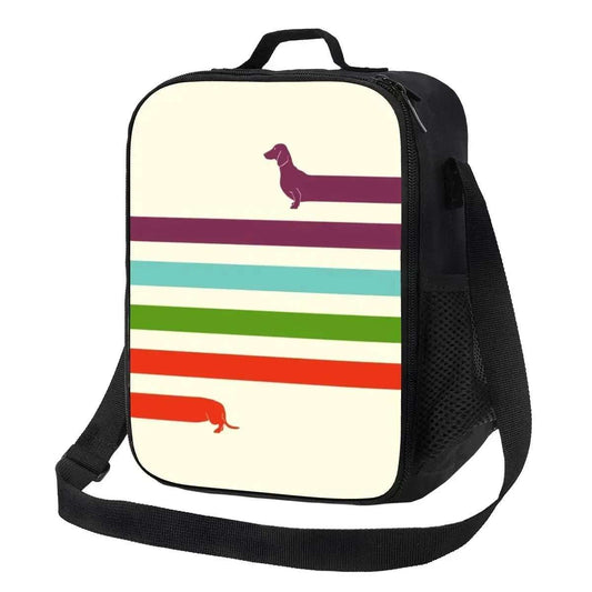 Sac isotherme design chien avec des lignes colorées et une bandoulière réglable par Oscar et Plume