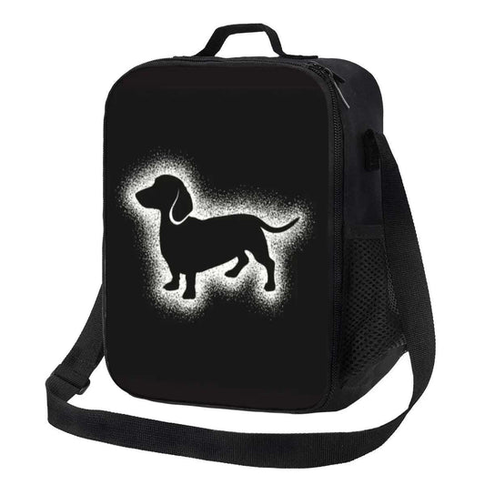Sac isotherme design chien noir avec silhouette de chien blanc et bandoulière réglable