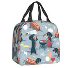 Sac isotherme teckel avec motif coloré de chiens autour d'un barbecue et de hot-dogs