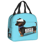 Sac isotherme teckel avec design amusant d'un chien et inscription humoristique sur fond bleu