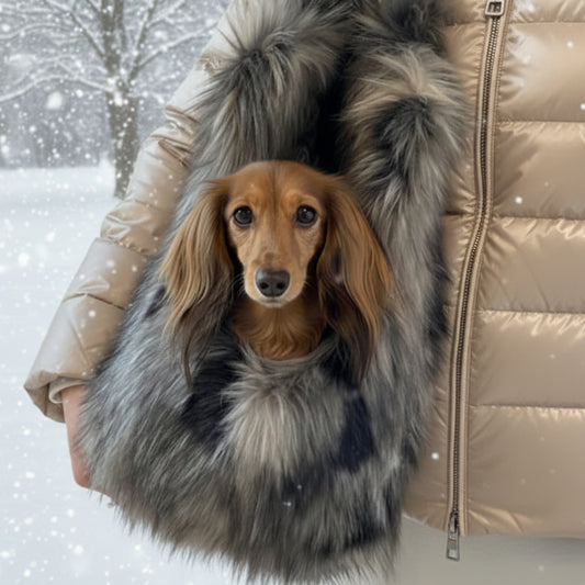 Sac pour petit chien fausse fourrure en gris, idéal pour transporter votre compagnon à fourrure avec style.