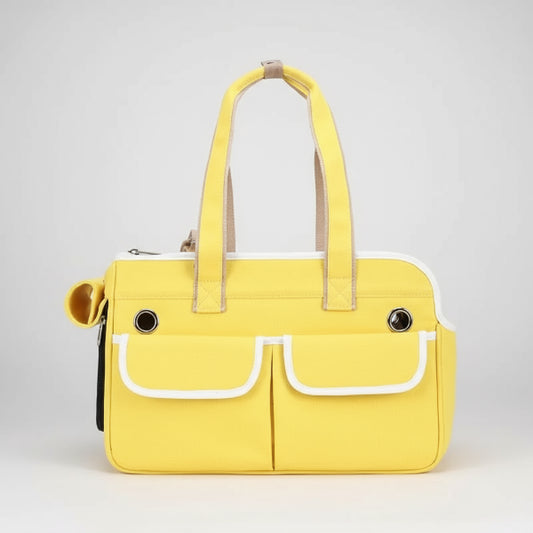 Sac transport chat design jaune avec poches frontales et poignées longues de Oscar et Plume