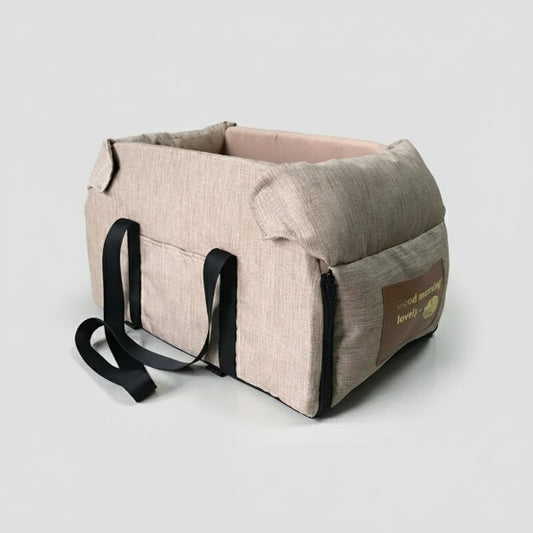 Sac transport chien design en tissu beige avec poignées pratiques pour le confort des animaux