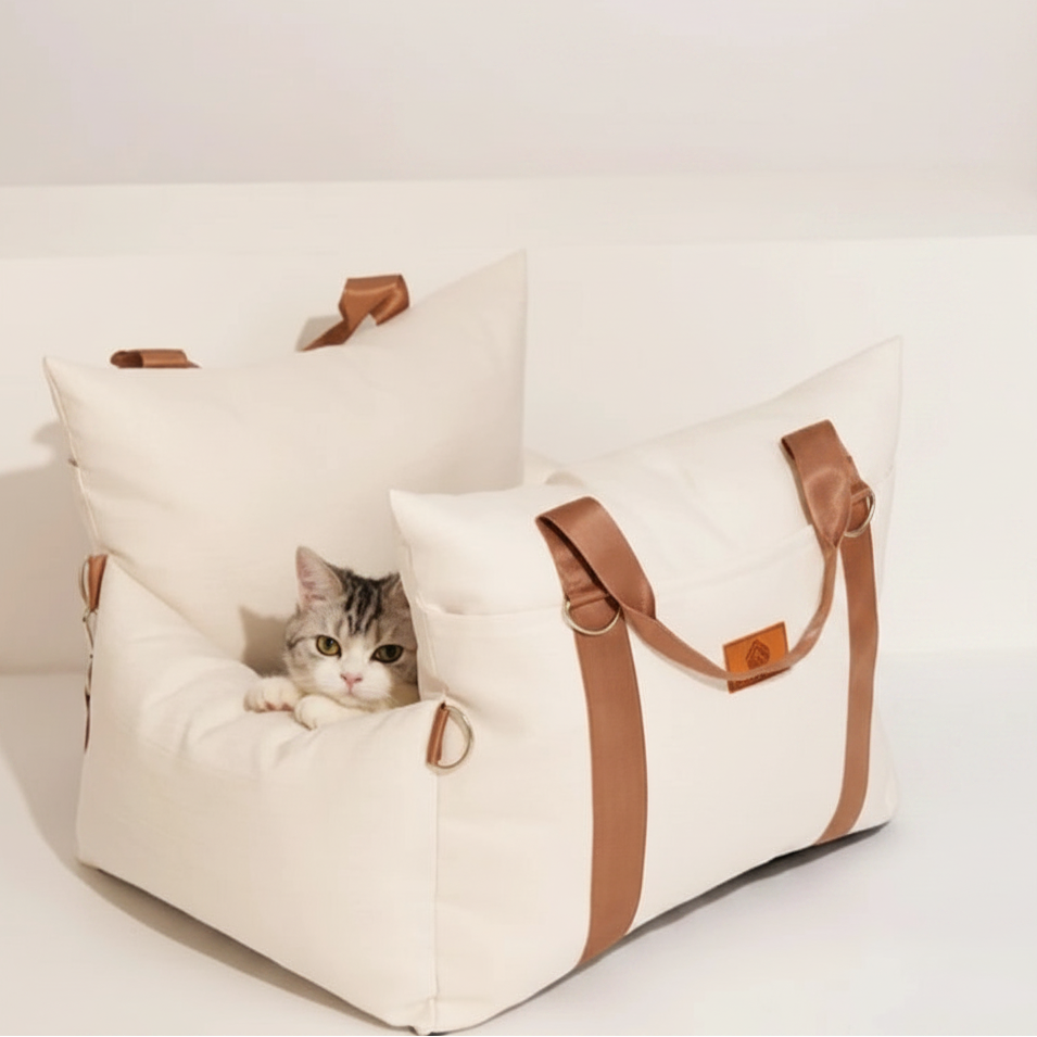 Sac voiture pour chat en tissu beige avec poignées en cuir et coussins confortables