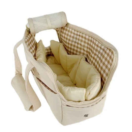 Sac voyage pour petit chien beige Oscar et Plume avec intérieur doux matelassé et anse réglable