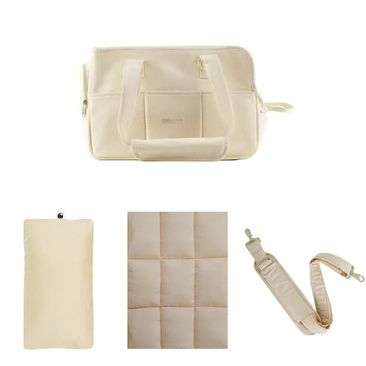 Sac voyage pour petit chien beige avec matelas, coussin et bandoulière réglable par Oscar et Plume