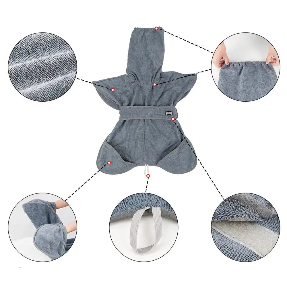 serviette absorbante microfibre chien Oscar et Plume gris avec capuche, sangles et ouvertures pour pattes pour sechage rapide