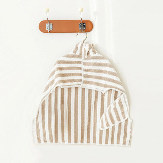 Serviette de bain chien Oscar et Plume à rayures beige et blanc avec capuche suspendue