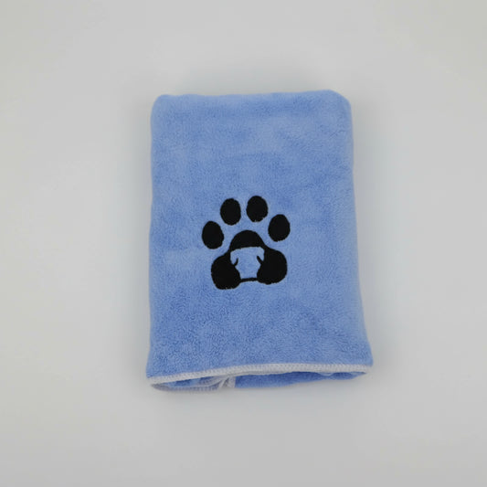 Serviette pour chien et chat bleue avec motif patte noire en microfibre douce Oscar et Plume