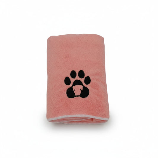 Serviette pour chien et chat rose avec empreinte de patte noire brodée