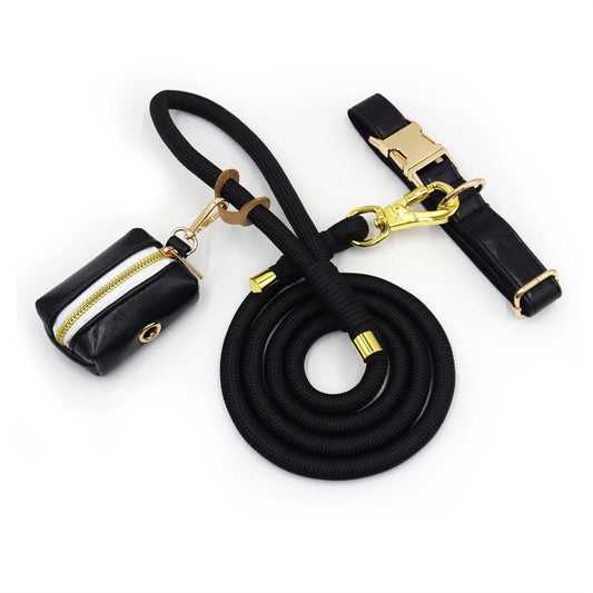 Ensemble collier personnalisable pour chien avec une laisse noire et un porte-treillis en cuir