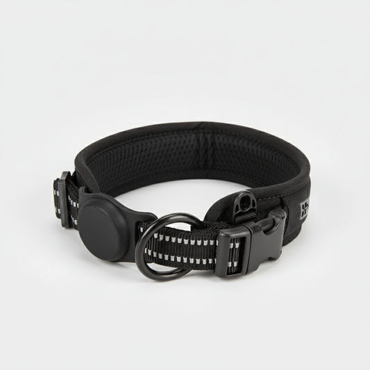 Collier AirTag pour chien noir rembourré avec boucle sécurisée et anneau en D pour attacher une laisse