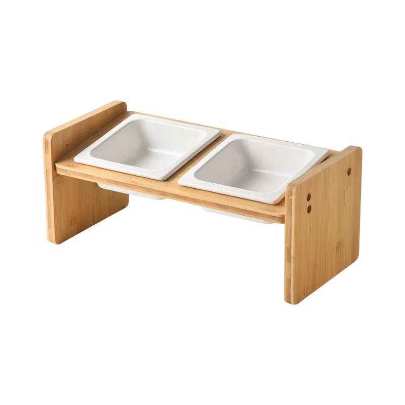 Support en bambou pour 1,2,3 gamelles en céramique Oscar et Plume 2 gamelles Blanc