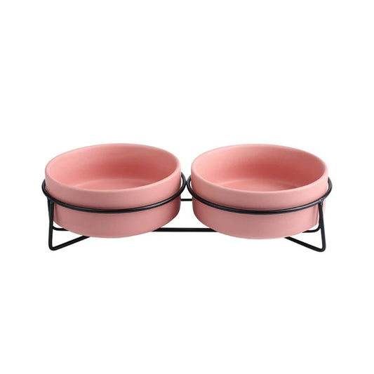 Support simple ou double métallique + gamelle céramique Oscar et Plume 2 rose + support / 400 ml