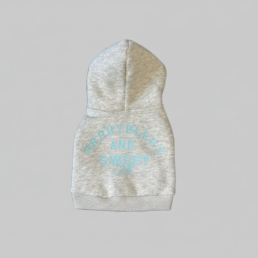 Sweat à capuche pour petit chien gris avec écritures colorées sur le devant