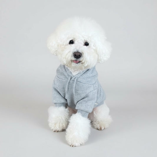 Chien blanc portant un sweat capuche pour chien gris assis dans un sac de transport à carreaux