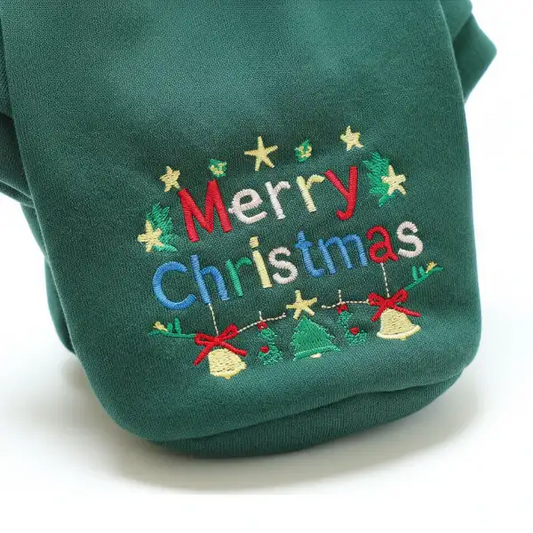 Sweat capuche pour chien vert avec broderie festive 'Merry Christmas' et décorations colorées